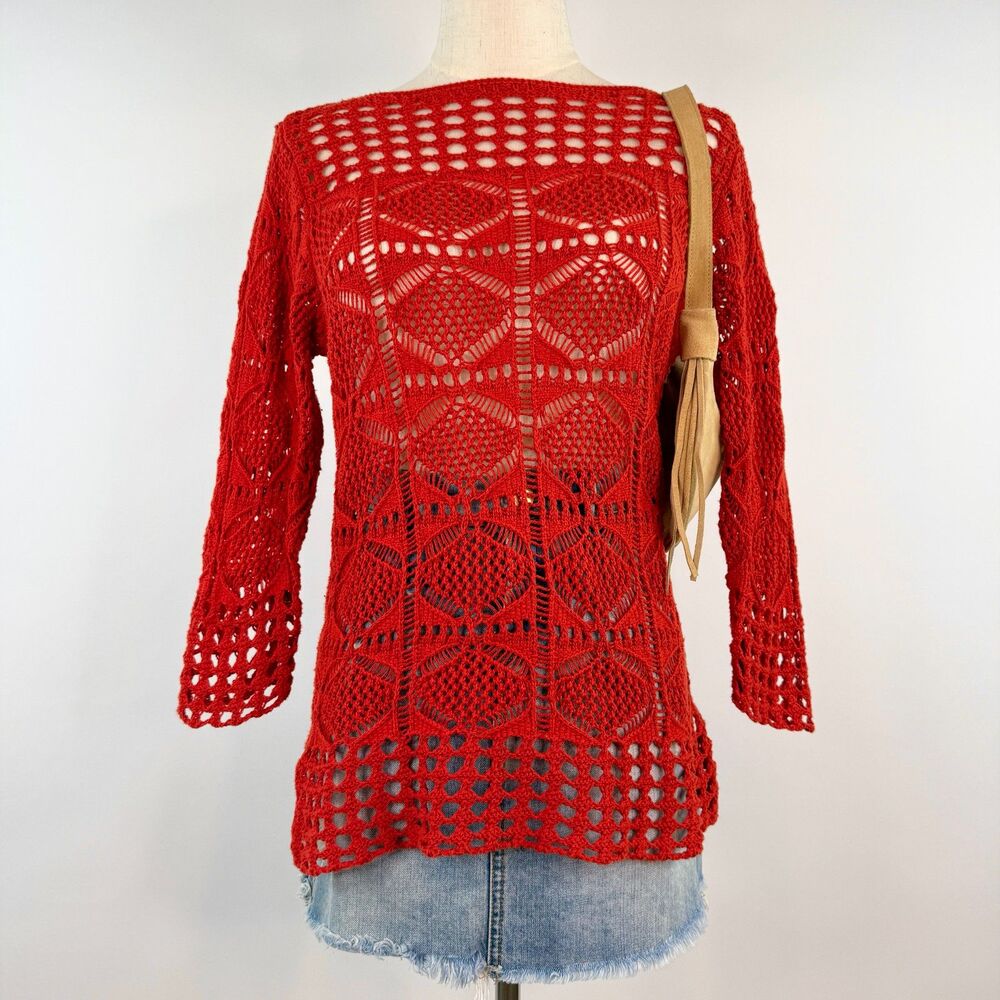Vintage Burnt Orange Crochet Pullover Sweater Boho Fairy 90s 100% Cotton Size M